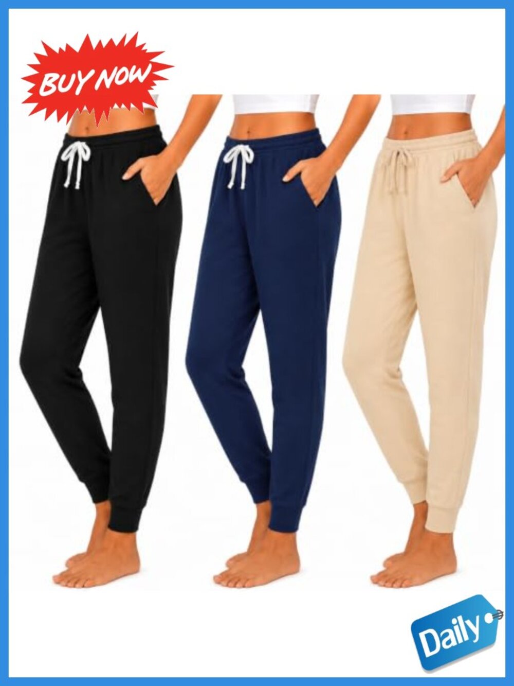 3 Pack 100% Cotton Joggers Lounge PJ Sweatpants Relaxed Fit w Pockets